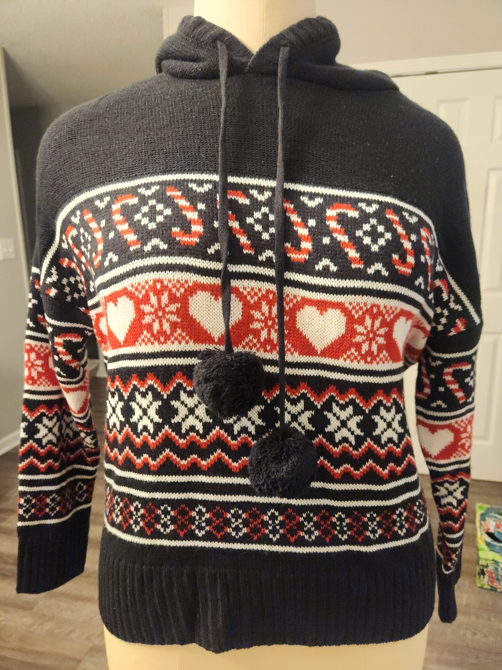 No Boundaries Black, Red and White Fair Isle Hooded Sweater with Pom-Poms